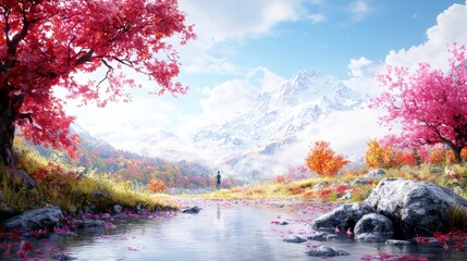 Canvas Print - Serene autumnal landscape with vibrant trees, snow-capped mountains, and calm water.