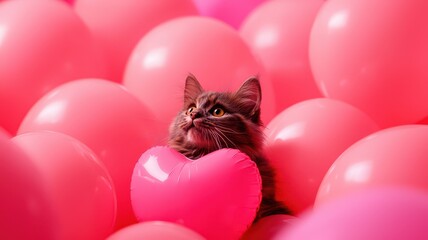 Wall Mural - Pastel Valentine's Day cat wallpaper concept. A cute kitten peeks out from a sea of pink balloons, holding a pink heart, creating a playful and whimsical atmosphere.