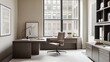 © ArpPSIqee - Minimalist modern home office with clean, efficient design. Featuring neutral tones and sleek furniture
