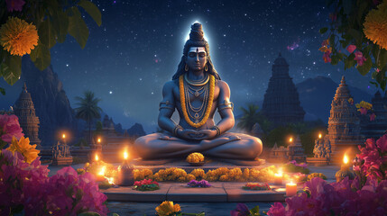 Maha Shivaratri Banner, majestic statue of Lord Shiva with shining trishula in the center background, decorated with jasmine and marigold flowers, Ai generated images