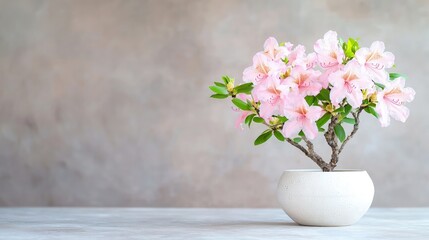 Wall Mural - Pink azalea bonsai in white pot on table.