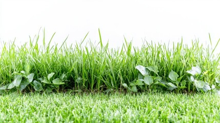 Wall Mural - Lush green grass with weeds isolated on white background.