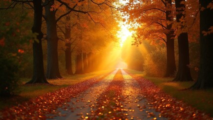 Poster - A serene autumn path illuminated by the sun, with trees shedding their leaves