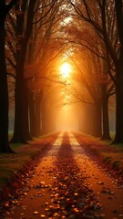 Poster - A serene autumn path illuminated by the sun, with trees shedding their leaves