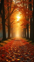 Poster - A serene autumn path illuminated by the sun, with trees shedding their leaves