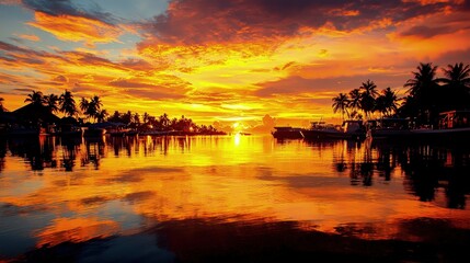 Sticker - Vibrant sunset over calm water with palm trees and boats.