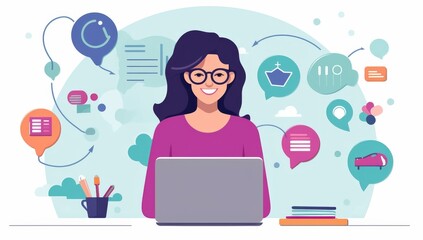Poster - Woman Working on Laptop with Colorful Design Elements