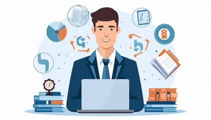 Poster - Businessman Working on Laptop with Financial Data Surrounding Him