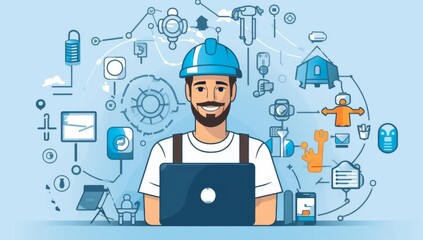 Poster - Construction Worker Using Laptop with IoT and Smart Home Technology