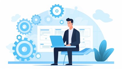 Poster - Businessman Working on a Laptop, surrounded by gears and UI elements