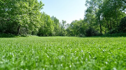 Wall Mural - Lush green grass field in a park with trees in background.