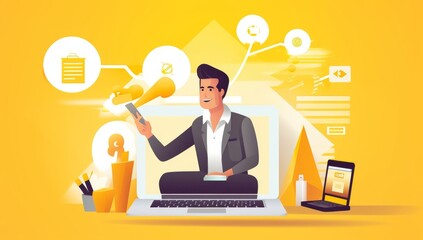 Aufkleber - Smiling Man on Laptop Screen, Presenting Business Data, Bright Yellow Background