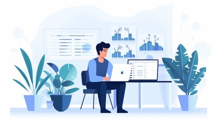 Poster - Businessman Working on Laptop in Modern Office with Charts and Plants