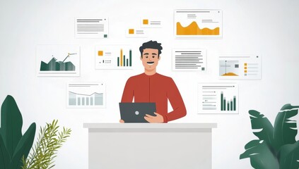 Poster - Happy Businessman Analyzing Data on His Laptop