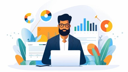 Poster - Businessman Analyzing Data on Laptop, Charts and Graphs