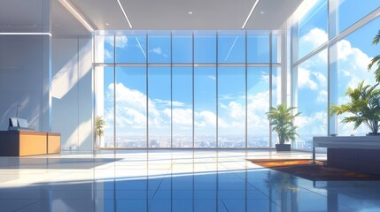 Aufkleber - A bright, spacious office with floor-to-ceiling glass walls and wide windows, overlooking a serene blue sky for a tranquil work environment.