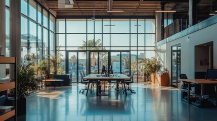 Aufkleber - A bright, spacious office with floor-to-ceiling glass walls and wide windows, overlooking a serene blue sky for a tranquil work environment.