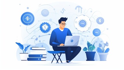 Poster - Young Man Working on Fintech Project,Laptop,Blue Theme