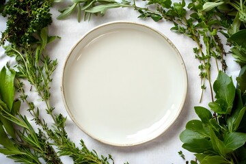 A blank plate surrounded by fresh herbs on a white background, ideal for food presentation.