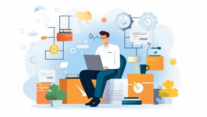 Aufkleber - Focused Man Working on Laptop Amidst Complex Workflow