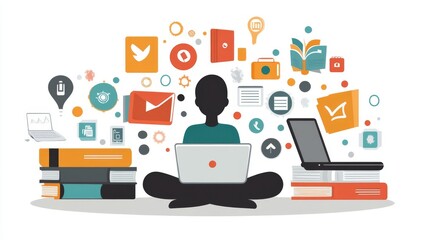 Poster - Person Working on Laptop with Surrounding Digital Elements and Books
