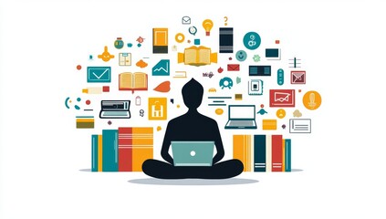 Aufkleber - person working on laptop with surrounding digital and book icons
