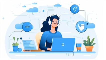 Poster - Woman Working From Home on Laptop with Headphones and Cloud Computing Icons