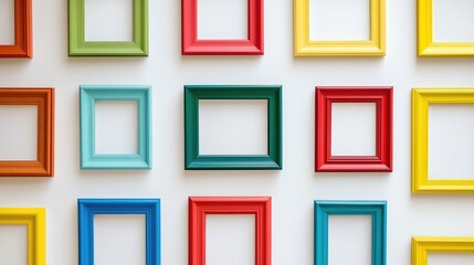 Poster - a collection of colorful, empty picture frames on a white wall, emphasizing the beauty of individual