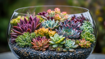 Aufkleber - A collection of vibrant succulents in various shapes and colors, arranged in a transparent bowl with gravel, set against a serene natural backdrop.