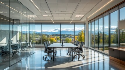 Aufkleber - A contemporary office with glass walls and large windows, creating an open and airy space with a panoramic view of the peaceful sky.