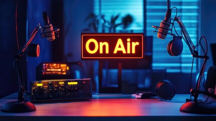 Aufkleber - A contemporary online radio studio featuring a glowing 