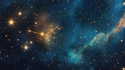 Poster - A cosmic expanse with golden zodiac constellations glowing amidst a sea of stars and shimmering gradients, capturing the awe of the night sky.