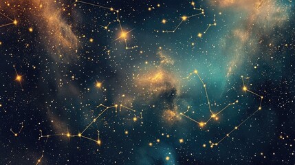 Poster - A cosmic expanse with golden zodiac constellations glowing amidst a sea of stars and shimmering gradients, capturing the awe of the night sky.