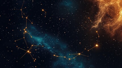 Poster - A cosmic expanse with golden zodiac constellations glowing amidst a sea of stars and shimmering gradients, capturing the awe of the night sky.