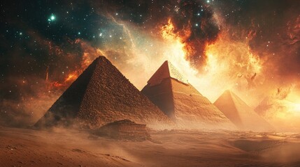 Poster - A cosmic sky filled with stars and swirling clouds of dust above the pyramids, creating a mystical and grand atmosphere reminiscent of ancient Egypt.