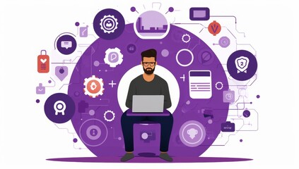 Poster - Man Working on a Laptop, Surrounded by Technology Icons