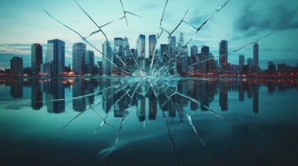 Poster - Shattered Reflection of a Cityscape with Cracked Glass Effect