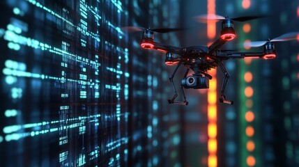 Poster - Drone Flying Against Colorful Digital Background with Data Codes