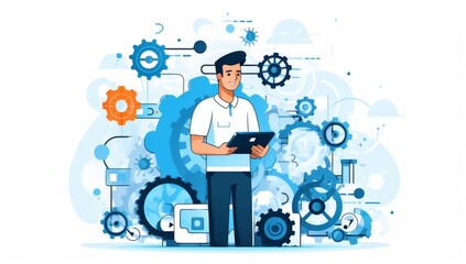Poster - Young Man Working with Technology and Gears: Digital Innovation Concept