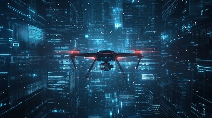 Poster - Futuristic Drone Flying Through High-Tech Digital Landscape