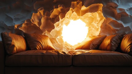 Aufkleber - A glowing white hole breaks through the crumpled brown leather of a sofa, illuminating the material and creating a striking contrast.