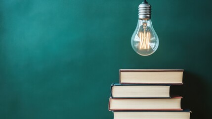 Poster - Light Bulb Above Stack of Books on Green Background for Education Concept