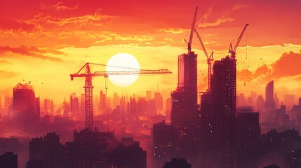 Poster - A large construction crane outlined against a glowing sunset, with a city skyline under construction in the foreground, evoking the spirit of urban development.