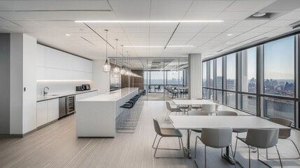 Aufkleber - A modern office space with panoramic windows, a minimalist white and gray color scheme, and a central dining area offering a sleek, professional look.