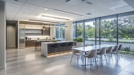 Aufkleber - A modern office space with panoramic windows, a minimalist white and gray color scheme, and a central dining area offering a sleek, professional look.