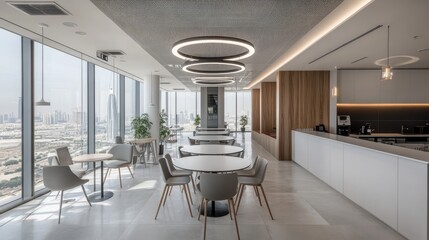 Aufkleber - A modern office space with panoramic windows, a minimalist white and gray color scheme, and a central dining area offering a sleek, professional look.