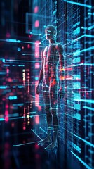 Poster - a stunning image of health info technology in action, layered screens showing diagnostic reports, ai