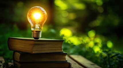 Poster - Light Bulb on Books Symbolizing Knowledge and Inspiration in Nature