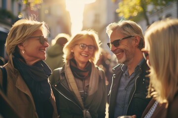 Wall Mural - Group of friends walking in the city. Smiling friends walking in the street.