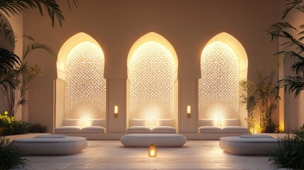 Poster - A peaceful interior with soft glowing arches adorned with elaborate patterns, evoking a sense of calm and tranquility.
